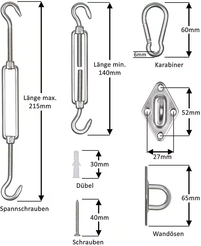 BONSPORT Sonnensegel Montageset Edelstahl M6 40-tlg mit Schrauben