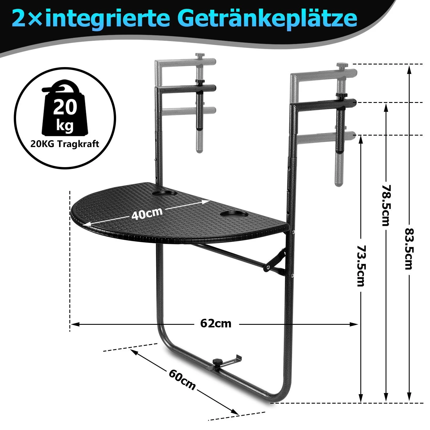 CLANMACY Balkonhängetisch 84x60x64cm bis 20kg Balkontisch Garden Hängetisch Klappbar Klapptisch