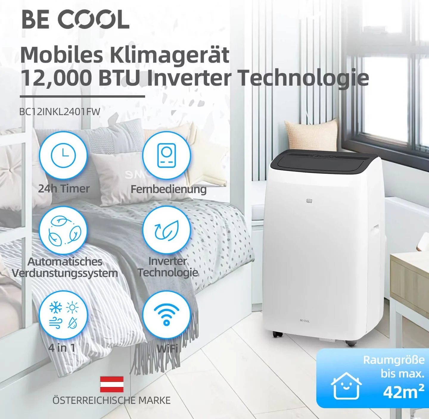 BE COOL BCSINV12KSWW Klimaanlage für Räume bis 42 m²