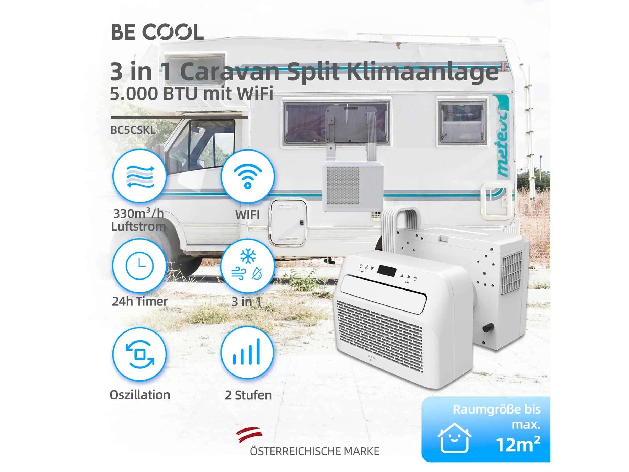 BE COOL BC5CSKL 3in1 Caravan Split-Klimaanlage 5.000 BTU/h WiFi