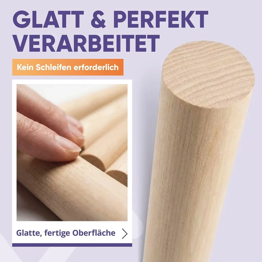 vasalat Holzstäbe zum Basteln Set - Holztab 100cm x 20mm ideal für DIY-Projekte, glattholzstab Buche unlackiert, glatt - 6 Stück