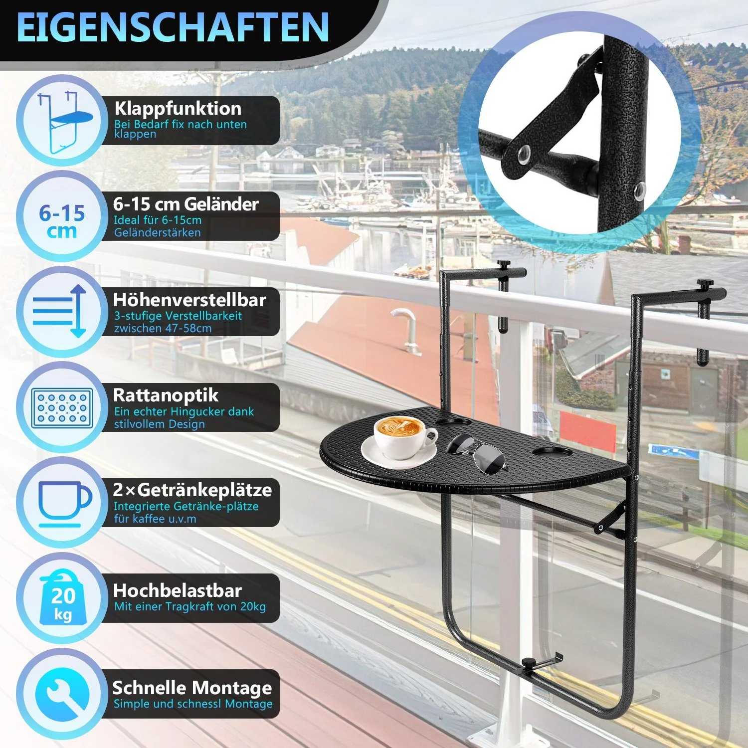 CLANMACY Balkonhängetisch 84x60x64cm bis 20kg Balkontisch Garden Hängetisch Klappbar Klapptisch