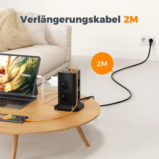 8 Fach Mehrfachsteckdose 4 USB Steckdosenleiste Kabel 2m Mehrfachsteckdose
