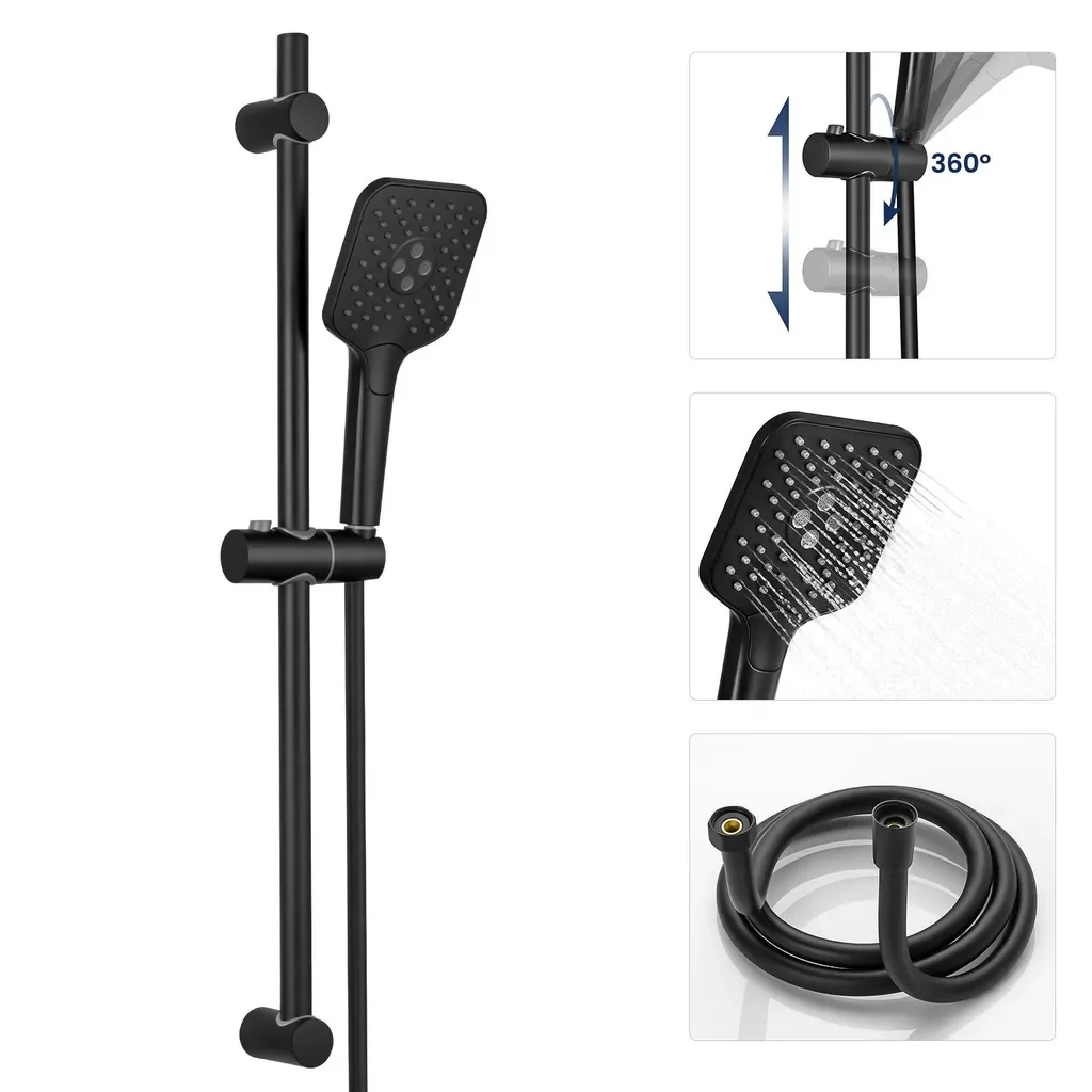 Auralum Duschstange mit Handbrause, Duschset mit Edelstahl-Duschstange 70cm, Duschkopf (3 Strahlarten),150cm PVC-Duschschlauch & Halterung,schwarz