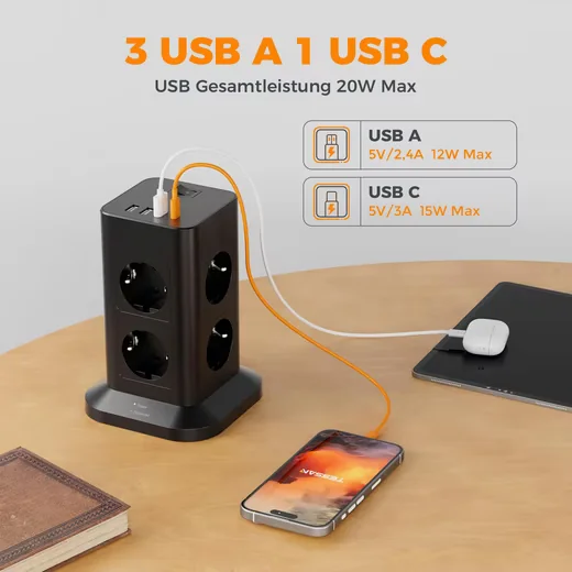 8 Fach Mehrfachsteckdose 4 USB Steckdosenleiste Kabel 2m Mehrfachsteckdose