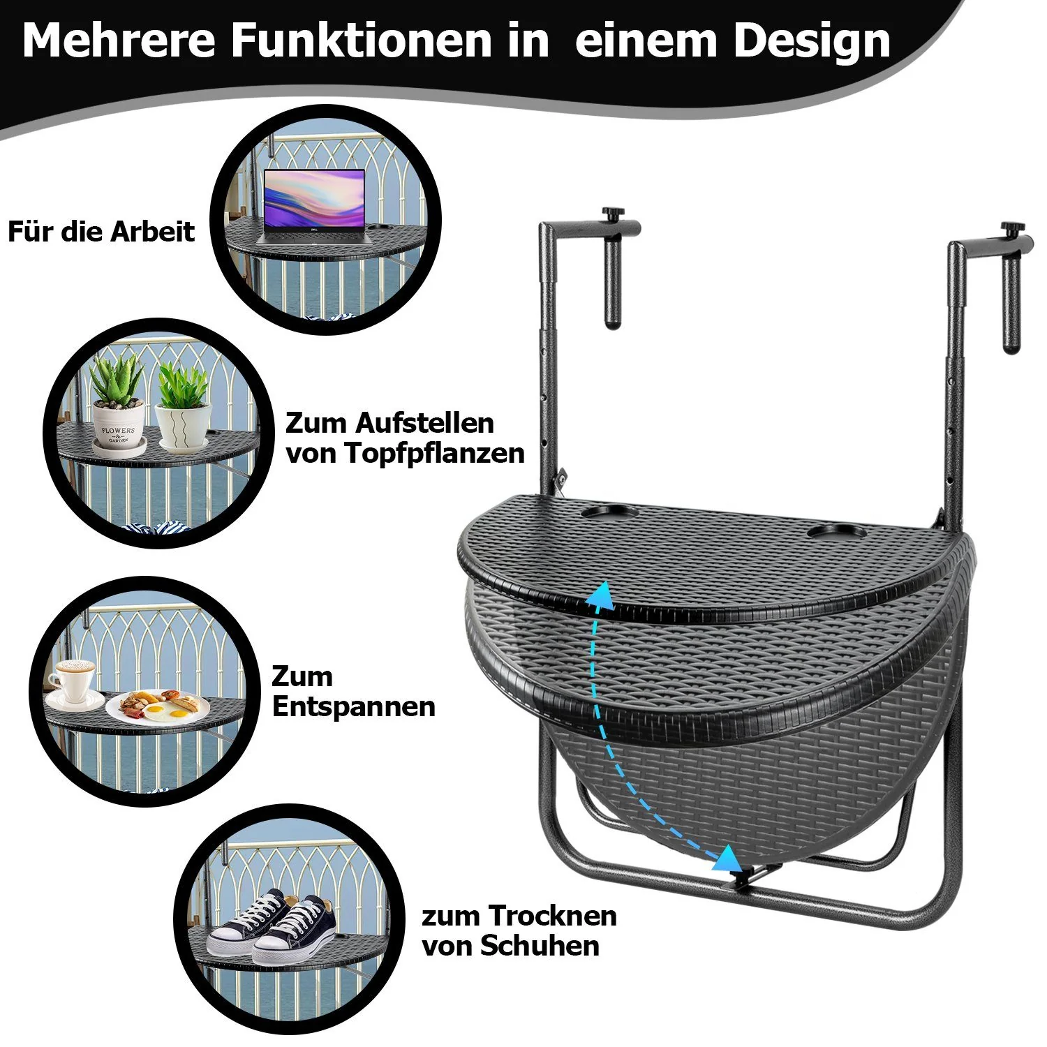 CLANMACY Balkonhängetisch 84x60x64cm bis 20kg Balkontisch Garden Hängetisch Klappbar Klapptisch