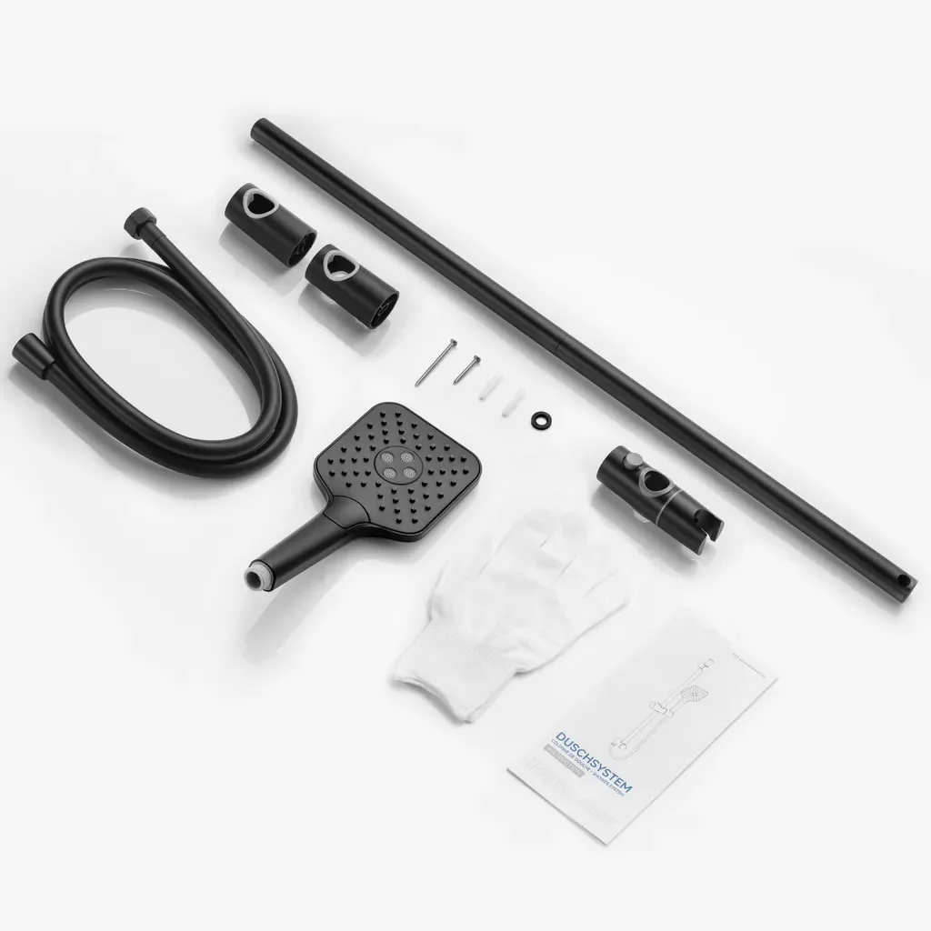 Auralum Duschstange mit Handbrause, Duschset mit Edelstahl-Duschstange 70cm, Duschkopf (3 Strahlarten),150cm PVC-Duschschlauch & Halterung,schwarz