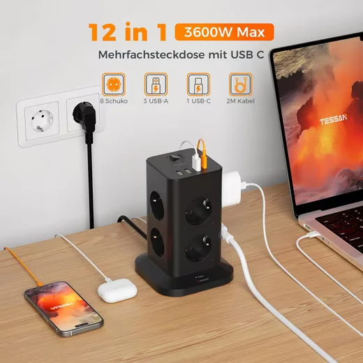 8 Fach Mehrfachsteckdose 4 USB Steckdosenleiste Kabel 2m Mehrfachsteckdose